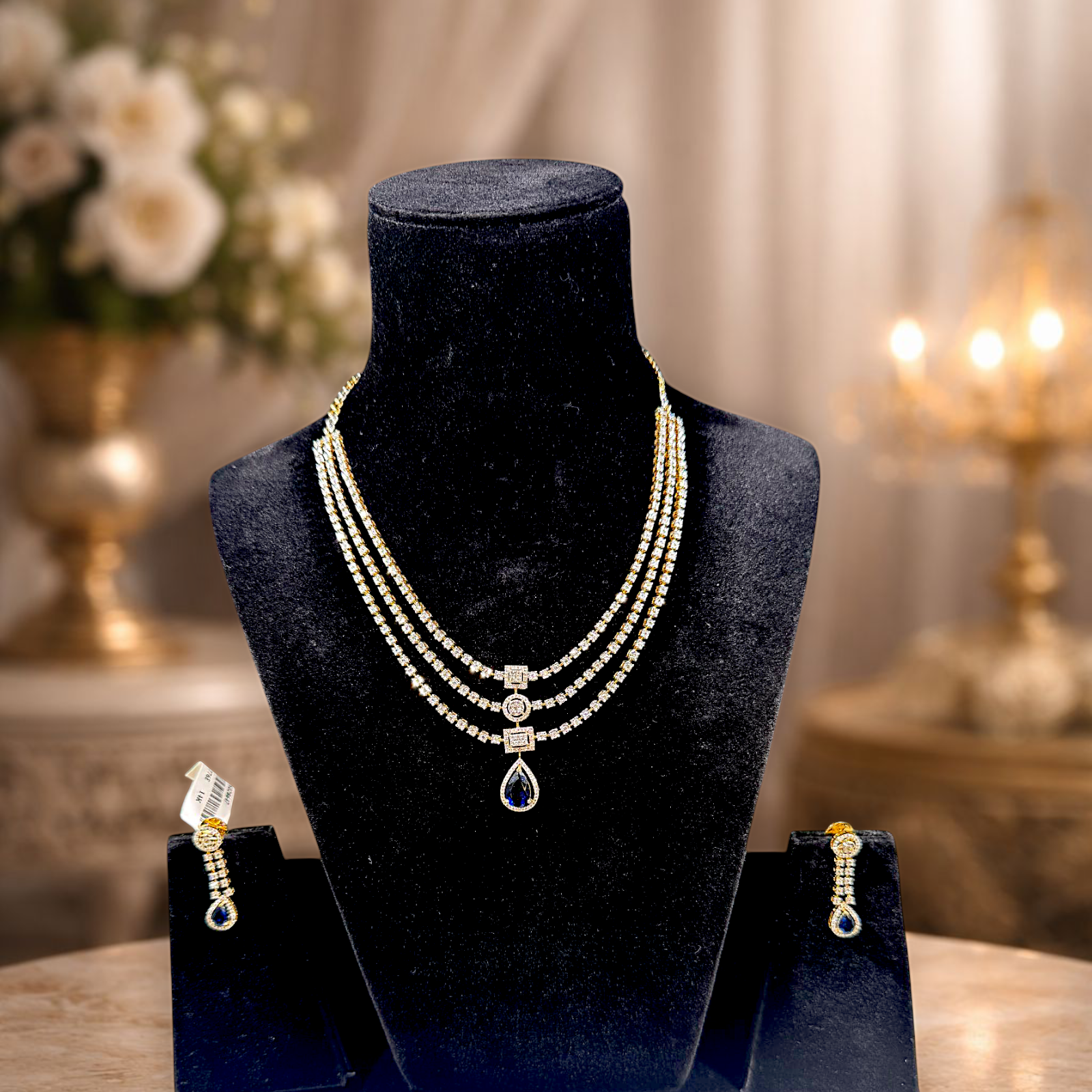 Elegant Layered Necklace Set with Blue Drop Pendant