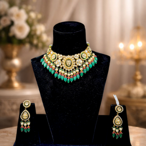 Kundan-Style Gold Choker Set with Green & Red Bead Drops