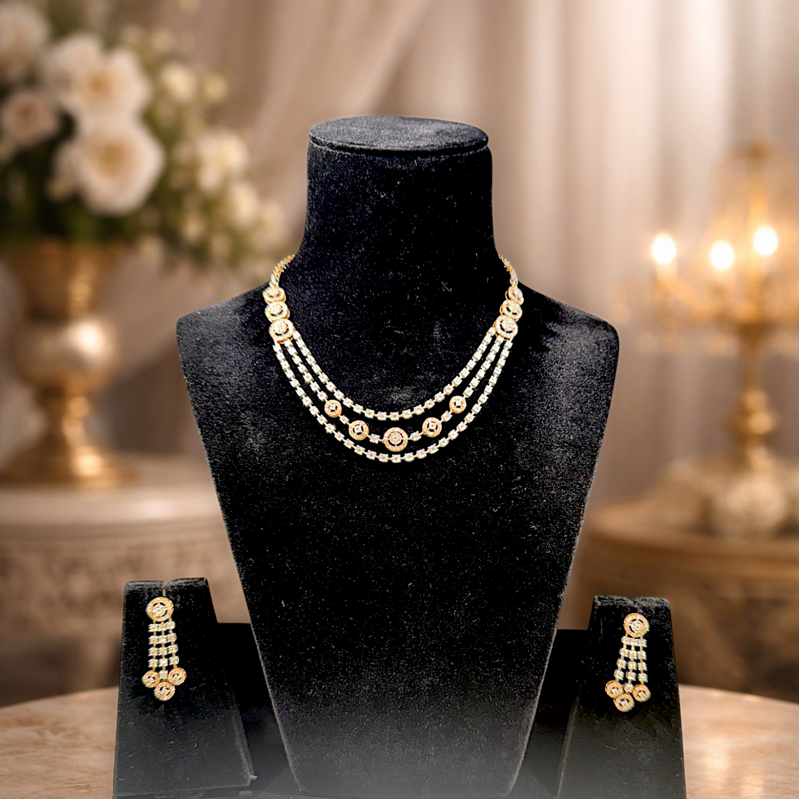 Elegant Layered Gold & Stone Necklace Set with Matching Earrings